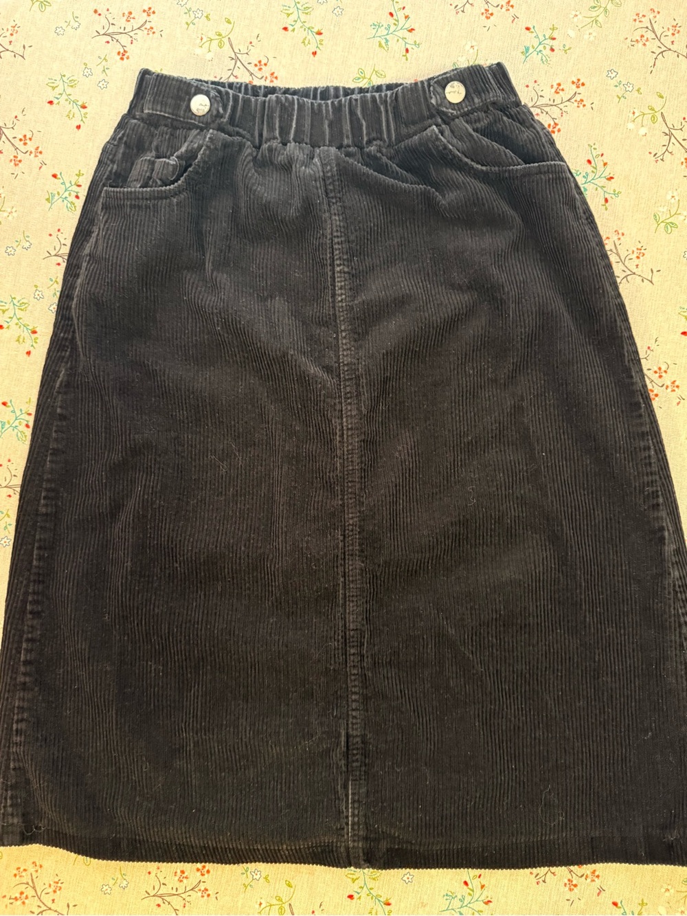 Black Corduroye Midi Skirt with Elastic Waist